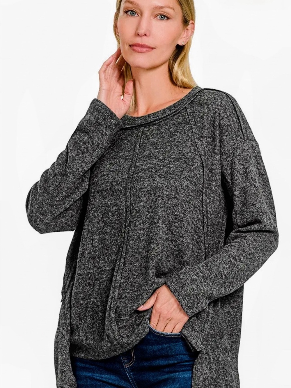 Zenana’s Full Size Brushed Hacci Exposed Seam Hi Low Sweater